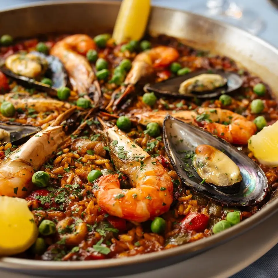 Paella di pesce con gamberoni, cozze e limone
